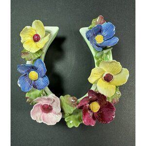 Denton Bone China Floral Horseshoe Figurine Good Luck England 3.25” Chips *READ